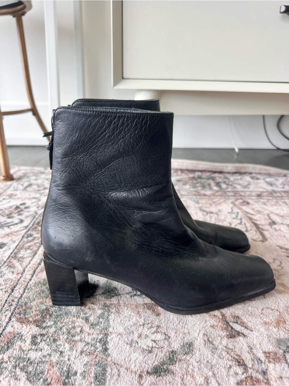 SOLD Stuart Weitzman Square Toe Block Heel 90s Style Side Zip Black Leather